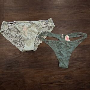 PINK Victoria's Secret Floral Lace Thong Set - Green and Cream